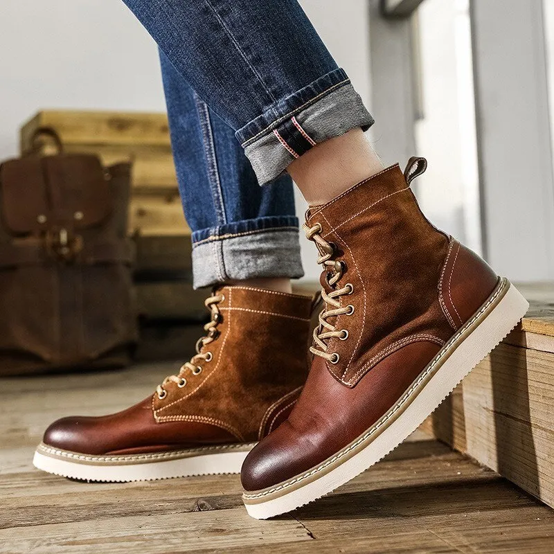 Vintage Men Cow Leather Patchwork Work Safety Shoes