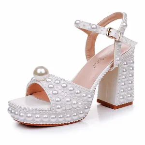 White Platform Wedding Shoes With Pearls Block Heeled Bridal Sandals Shoes