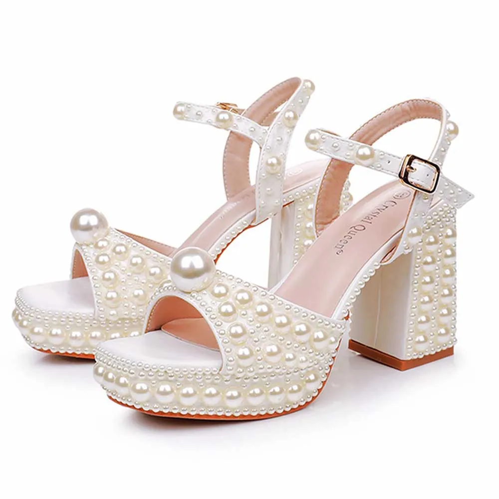 White Platform Wedding Shoes With Pearls Block Heeled Bridal Sandals Shoes