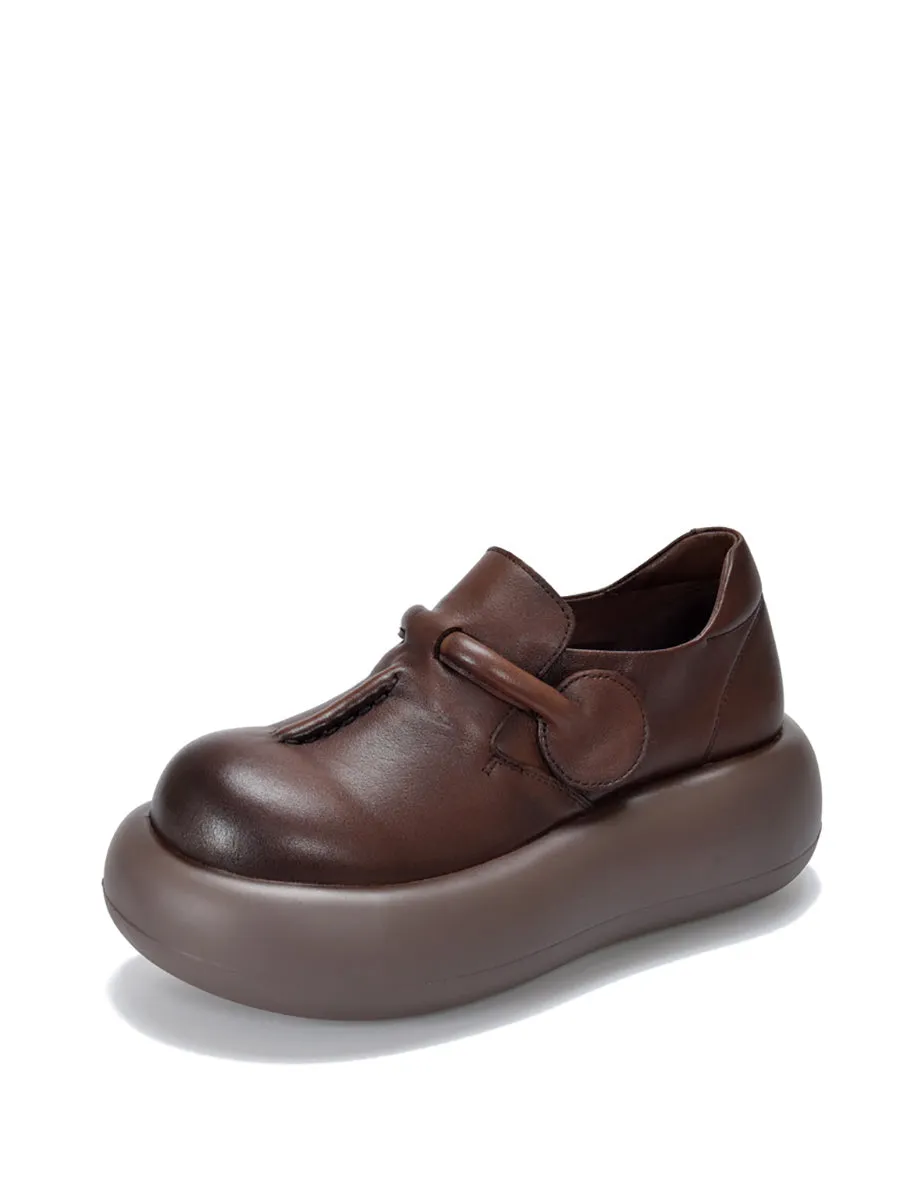 Women Genuine Leather Pure Color Platform Shoes