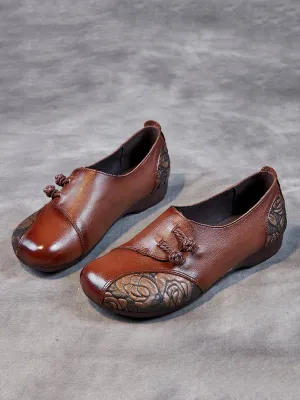 Women Spring Ethnic Flower Leather Spliced Flat Shoes