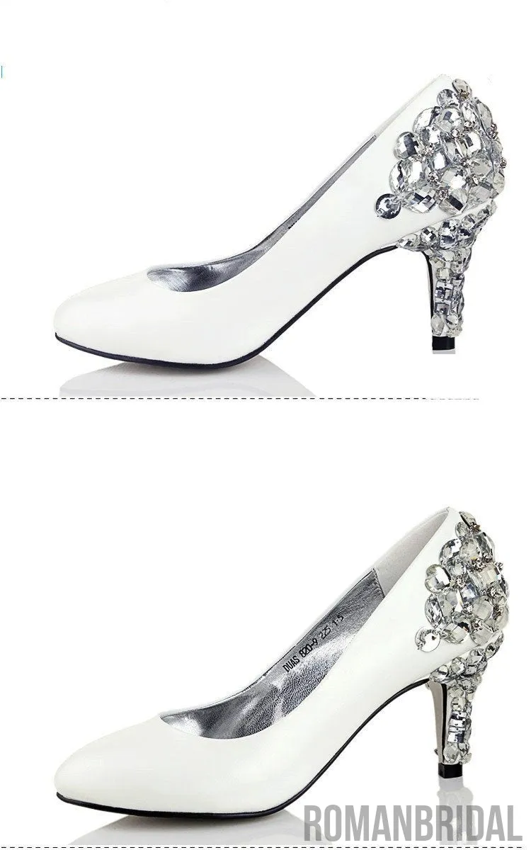 Women's Sparkly Crystal High Heels Pointed Toe White Wedding Bridal Shoes, S006
