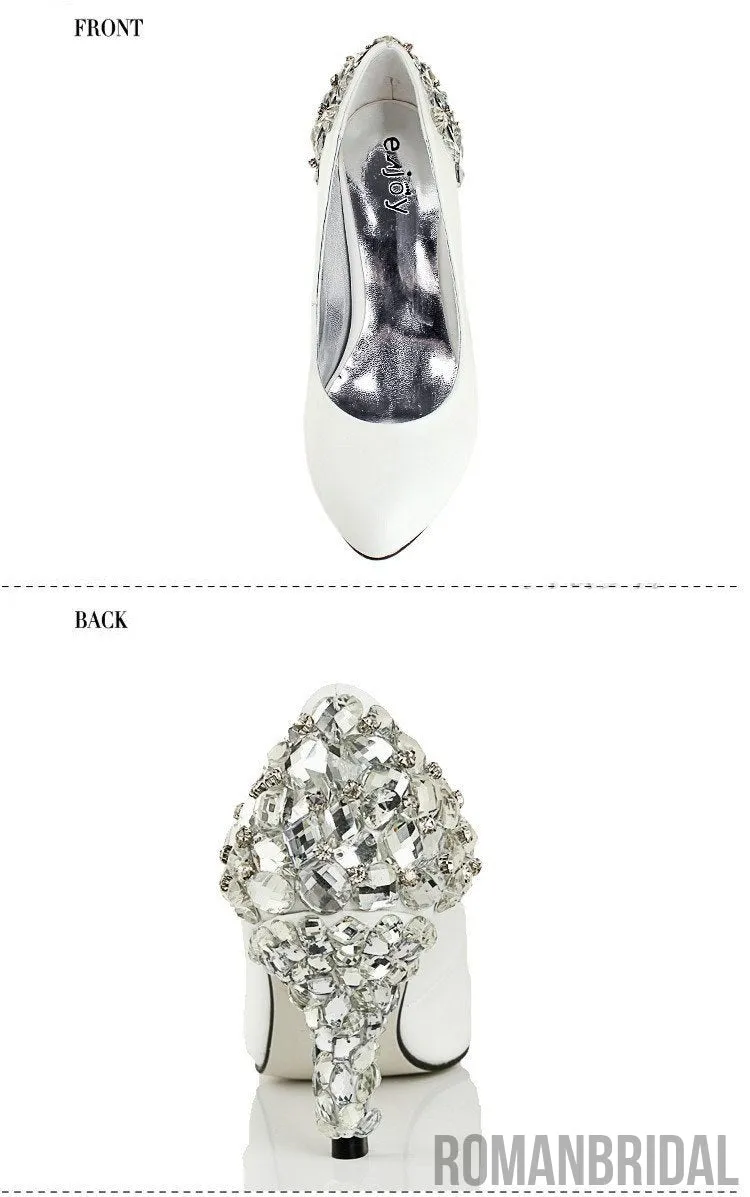 Women's Sparkly Crystal High Heels Pointed Toe White Wedding Bridal Shoes, S006
