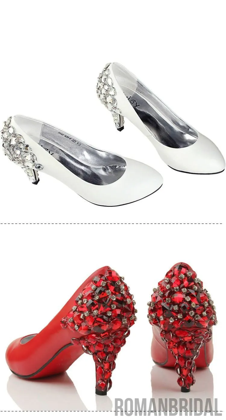 Women's Sparkly Crystal High Heels Pointed Toe White Wedding Bridal Shoes, S006